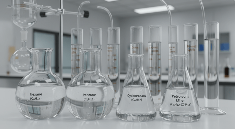 Laboratory flasks and graduated cylinders containing labeled aliphatic solvents including hexane, pentane, cyclohexane, and petroleum ether.