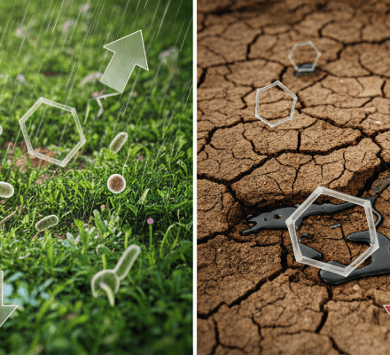 Split image contrasting lush rainy grass with molecular hexagon symbols against a cracked, drought-stricken landscape, representing environmental effects.