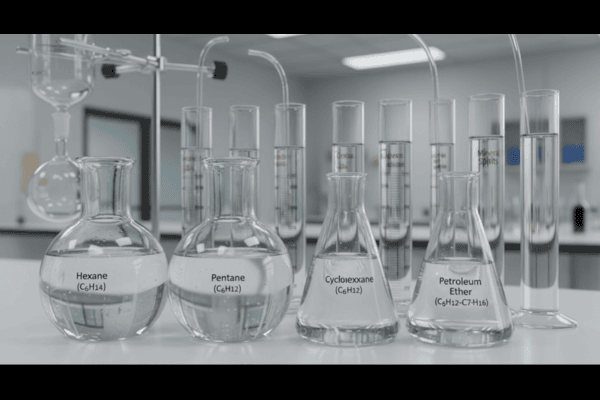 Laboratory flasks and graduated cylinders containing labeled aliphatic solvents including hexane, pentane, cyclohexane, and petroleum ether.